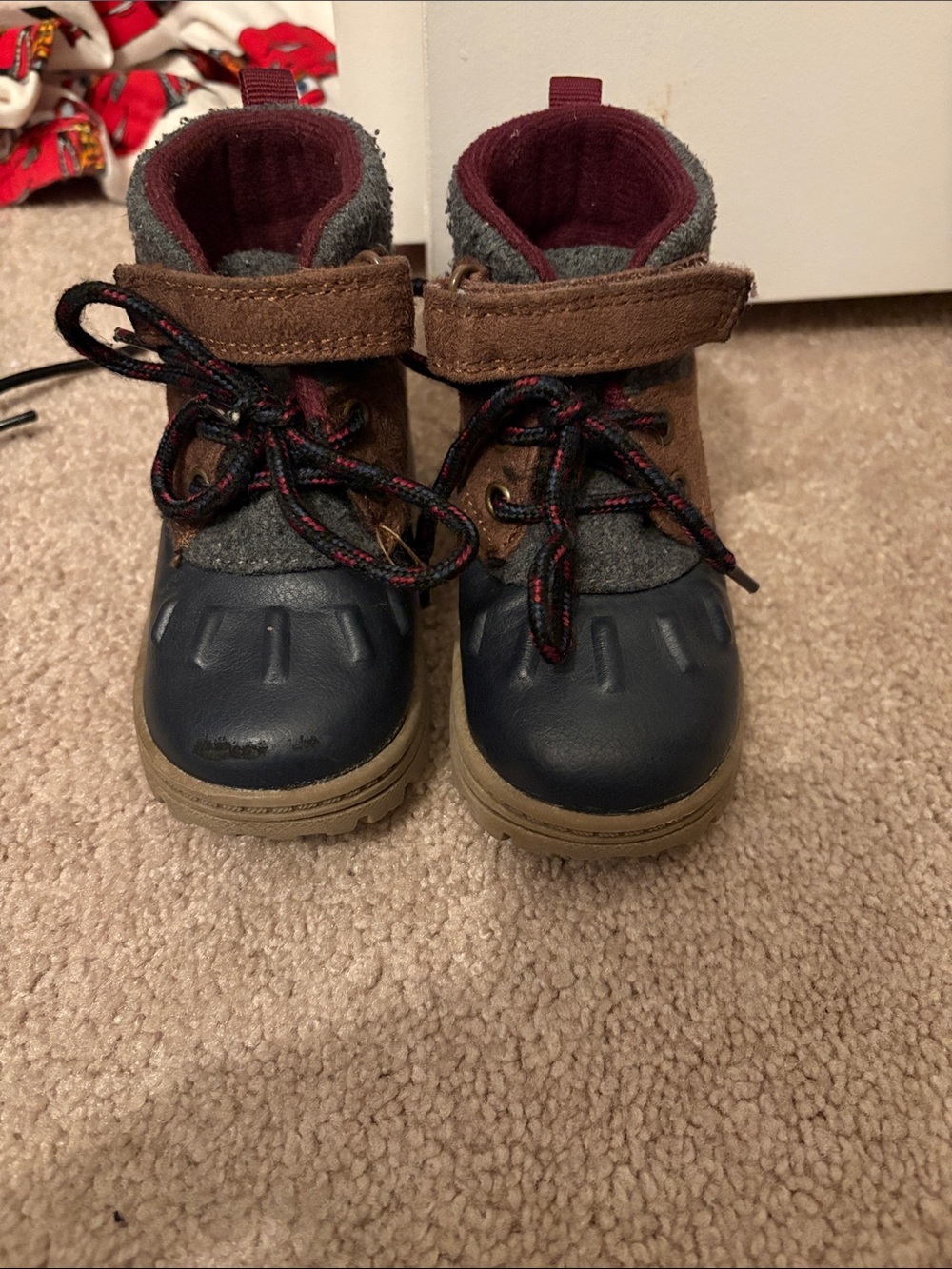 Carter's Navy, Brown & Gray Toddler Winter Boots with Burgundy Lining